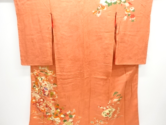 アンティーク　紋錦紗鼓に草花模様刺繍一ツ紋着物
